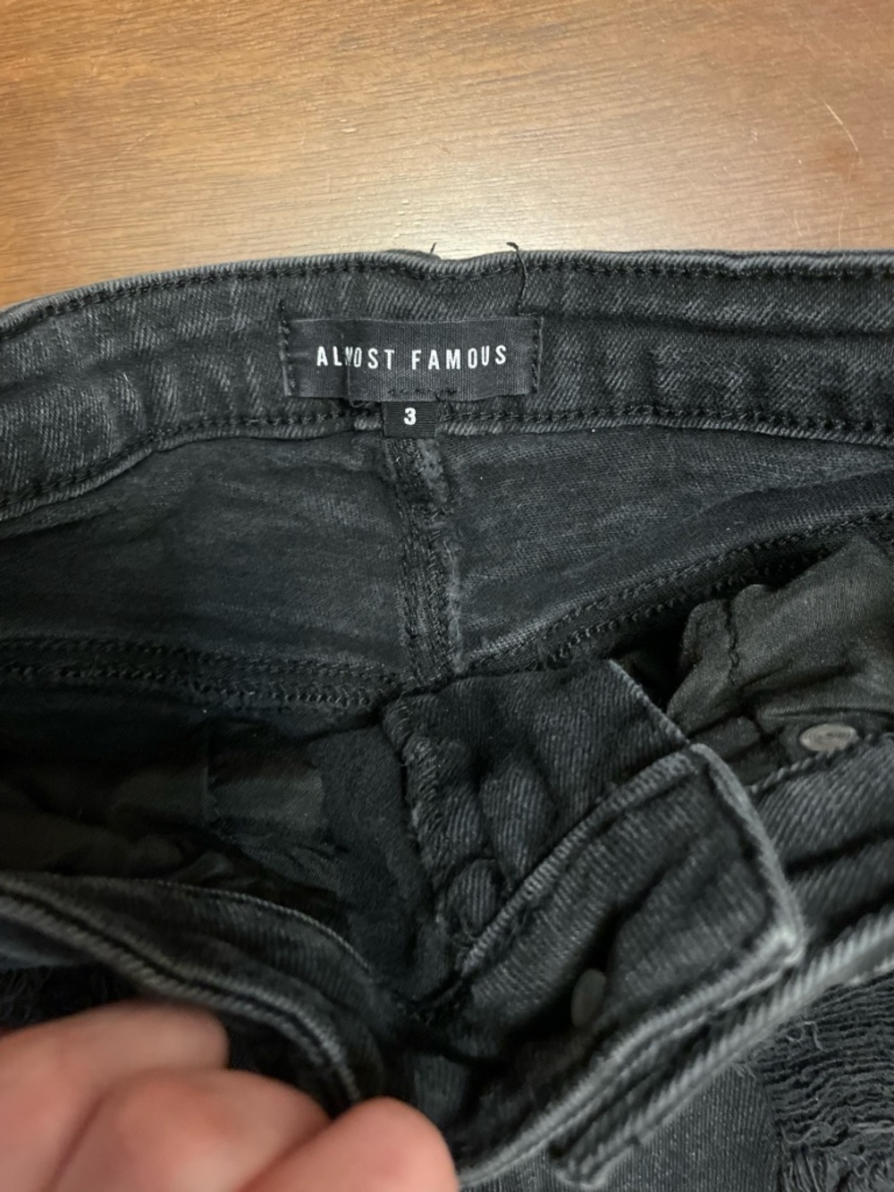 Almost Famous Black Distressed Denim Shorts Size 3 Raw Hem - Picture 5 of 7